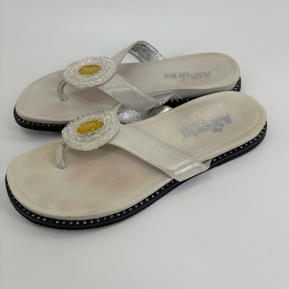 Alegria Dia beaded jeweled flower sandals size 37 silver and white leather